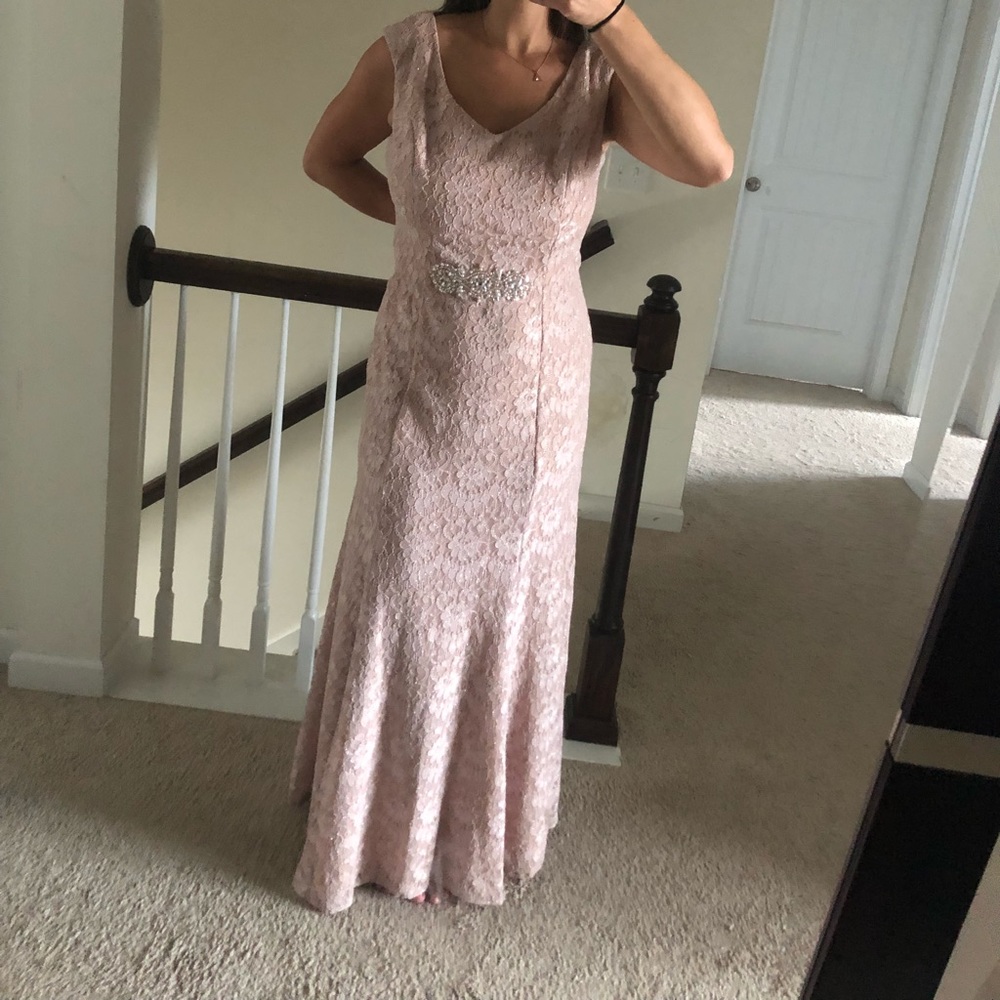 Long Cap Sleeve V-Neck Dress Embellished Waist